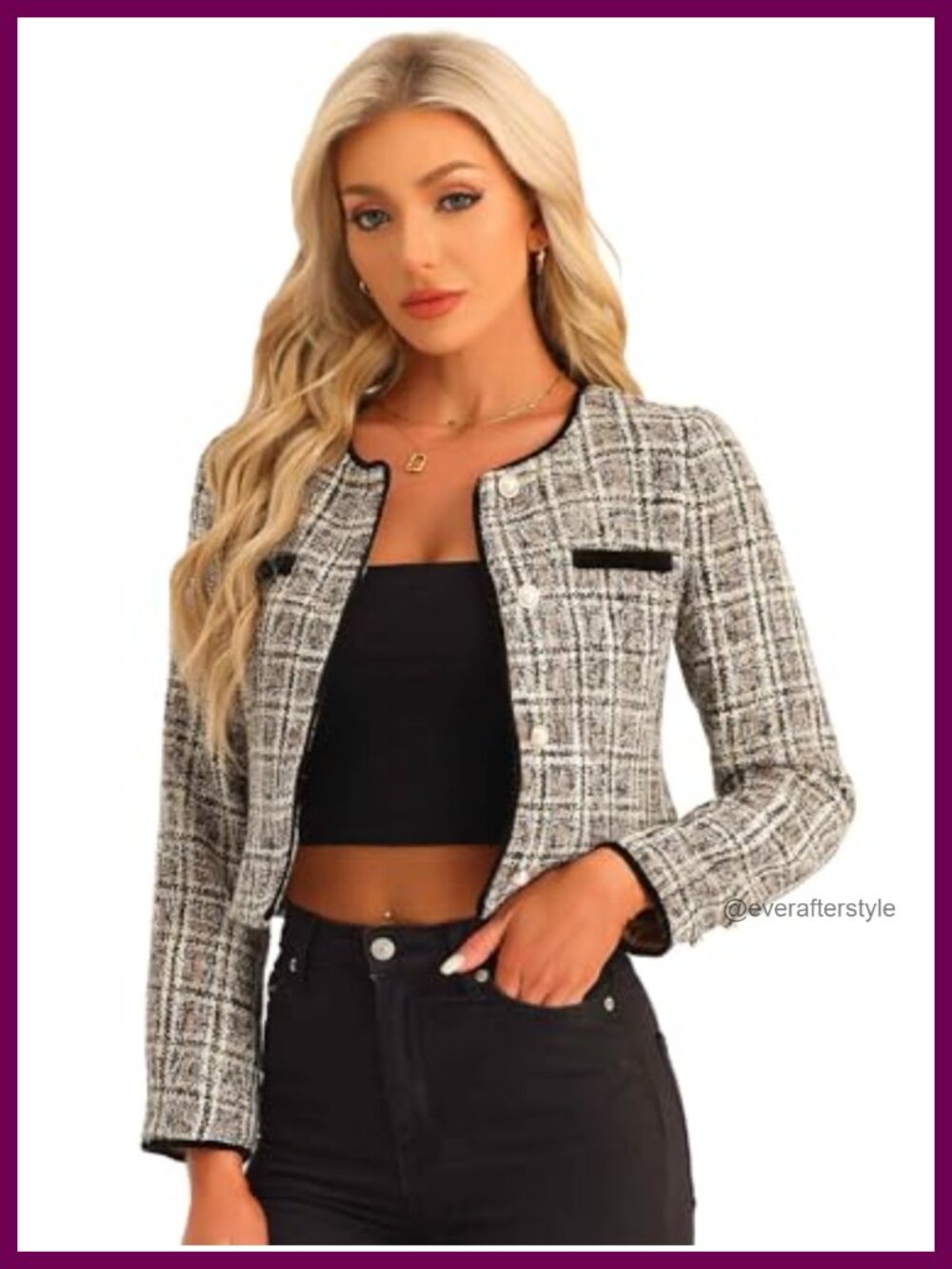 Tweed Cropped Blazer Collarless Long Sleeve Business Casual Jacket